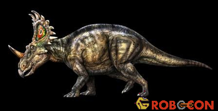 Hình ảnh loài khủng long Sinoceratops Zhuchengensis được phục dựng trên máy tính và hóa thạch của nó.