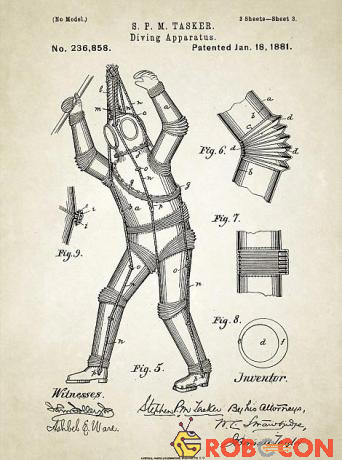 Bằng sáng chế cấp năm 1880 cho thiết kế bộ đồ lặn bằng kim loại của Stephen M Tasker.