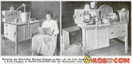 Tủ bếp điện ra đời những năm đầu của thế kỷ 20. Đây là phát minh được sáng tạo với mục đích giúp các bà nội trợ đảm đương công việc gia đình theo các phương thức đặc biệt. Bằng cách tích hợp phần cứng kết nối với động cơ, chiếc tủ này có chức năng nhào bột bánh mì, cắt thực phẩm, làm kem. Nó cũng là sản phẩm hỗ trợ rửa bát đĩa tự động và đồng hồ báo.