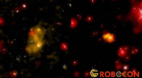 Bức ảnh kết hợp giữa ánh sáng nhìn thấy và tia hồng ngoại do 3 kính viễn vọng phối hợp cho thấy hình ảnh các giọt khí (màu vàng) phát sáng thực sự trong vũ trụ sâu thẳm, chúng nằm ở giữa các thiên hà (màu trắng) bị nhấn chìm trong khí nóng (màu đỏ).