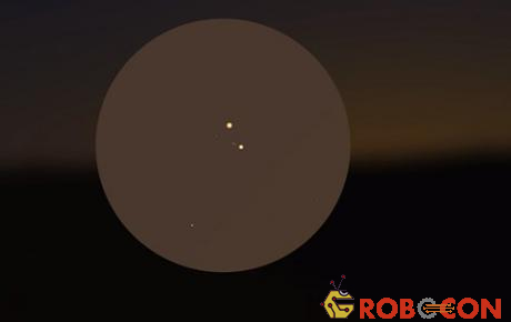 Hình ảnh mô phỏng thấy sao Kim và sao Mộc ở gần nhau.
