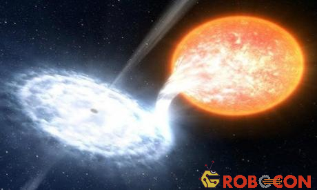 Hình minh họa cho thấy một hố đen, tương tự như hố đen trong hệ thống V404 Cygni, đang nuốt vật chất từ một ngôi sao quay quanh.
