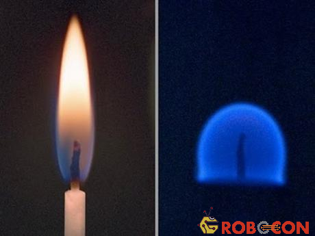 Bên trái là hình ảnh ngọn nến cháy tại Trái Đất, còn bên phải là trong môi trường không trọng lượng.