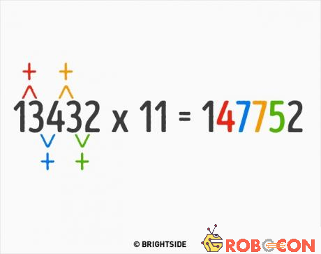 Chỉ việc giữ nguyên số đầu (số 1) và số cuối (số 2), rồi tiến hành cộng các con số trong 13432 khi nhân với 11 là ta đã có kết quả.