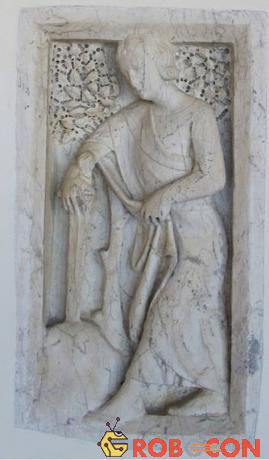Tác phẩm điêu khắc tại bảo tàng quốc gia Pinacotheque, thành phố Siena, Italy, miêu tả cảnh tượng thánh San Galgano cắm ngập thanh gươm vào tảng đá.