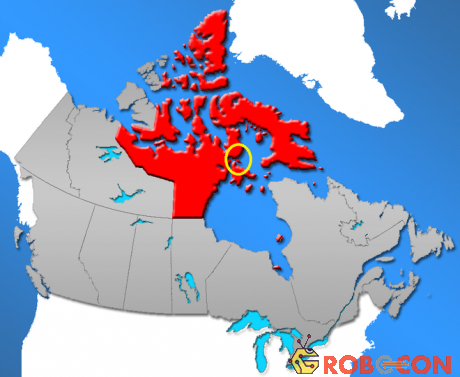 Vùng lãnh thổ Nunavut (màu đỏ) và vùng eo biển Fury và Hecla (vòng tròn vàng) - Nơi xuất hiện âm thanh kỳ bí.