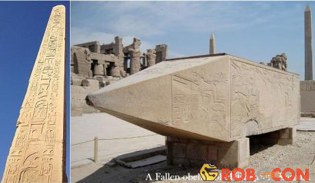 Trái: Tượng đài bằng đá granit của Pha-ra-ông Hatshepsut tại đền Karnak ở Luxor, xây vào năm 1457 TCN, trong triều đại XVII. Phải: Tượng đài nằm ngang của Pha-ra-ông Hatshepsut ở Karnak.