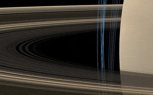 Đường màu xanh để chỉ chuyến đi vòng quanh sao Thổ của Cassini.