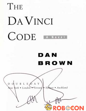 Trang tiêu đề quyển Mật mã Da Vinci trong lần phát hành đầu tiên năm 2003 có chữ ký của Dan Brown