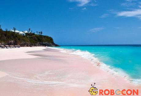 Bãi cát hồng trải dài 5km, dòng nước luôn ấm áp giúp du khách có thể bơi và lặn bất cứ lúc nào.