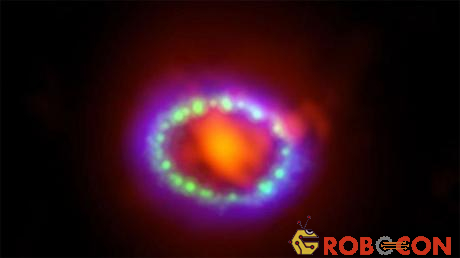 Hình ảnh này cho thấy phần còn lại của siêu tân tinh 1987A trong ánh sáng của các bước sóng khác nhau được chụp từ kính viễn vọng ALMA.