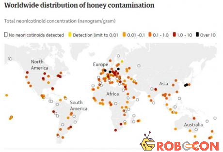 Biểu đồ phân bố ô nhiễm mật ong trên thế giới