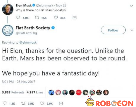 Câu trả lời của hội Trái đất phẳng đến Elon Musk.