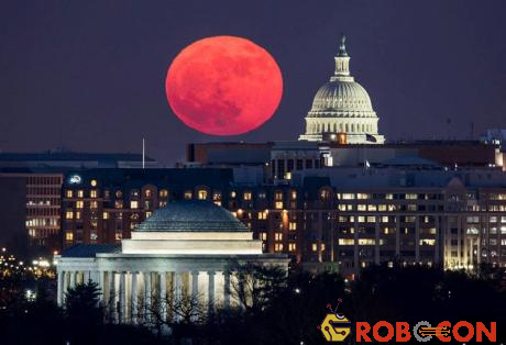 Toà nhà quốc hội Mỹ với nền bầu trời siêu trăng được quan sát từ Arlington, bang Virginia. 