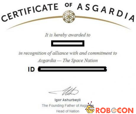 Giấy chứng nhận công dân Asgardia được dùng để cấp cho người đăng ký thành công qua mạng.