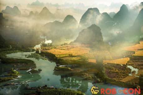 Trên đường chảy vào Việt Nam, Quây Sơn xuyên qua những dãy núi đá vôi và cánh đồng lúa