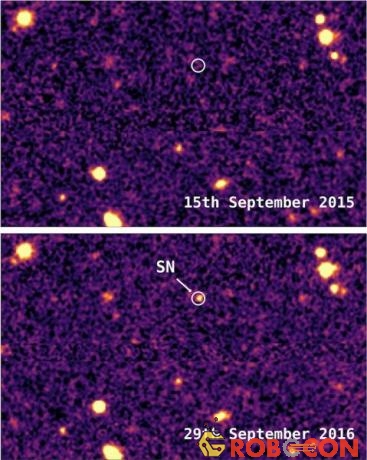Vùng tối trong vũ trụ (trên) xuất hiện ánh sáng do vụ nổ DES16C2nm tạo ra (dưới).