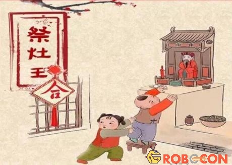 Tranh dân gian Trung Quốc tả cảnh em bé với lên bàn thờ ông Táo lấy kẹo.