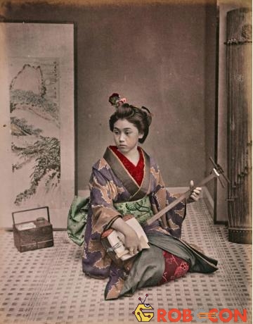 Một geisha đang chơi nhạc cụ truyền thống.