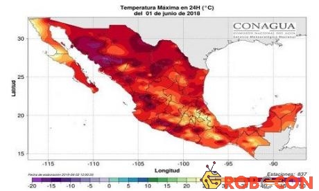 Bản đồ nhiệt hôm 1/6 cho thấy cả nước Mexico chịu ảnh hưởng của nắng nóng. 