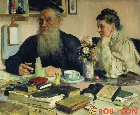 Bức họa Lev Tolstoy bên vợ mình, trên bàn là rất nhiều sách và một tách trà.