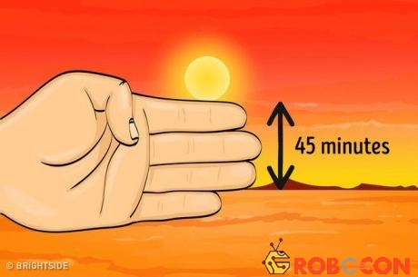Chụm 4 ngón tay đặt theo phương nằm ngang, giữ bàn tay sao cho Mặt trời ở ngay phía trên ngón trỏ.