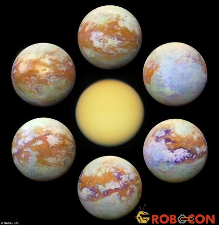 Titan khi được bao phủ với lớp khí (giữa) và khi được tách lớp không khí (6 hình xung quanh, chụp 6 góc độ khác nhau)
