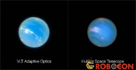 So sánh hình ảnh chụp sao Hải Vương qua chế độ quang học thích ứng mới của VLT và bởi Kính Viễn vọng Không gian Hubble. 