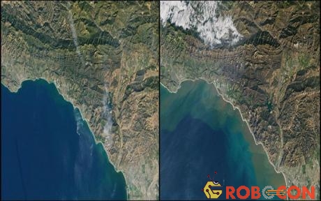Ảnh trên là hình ảnh trước và sau thảm họa kép cháy rừng - mưa bão ở California, Mỹ.