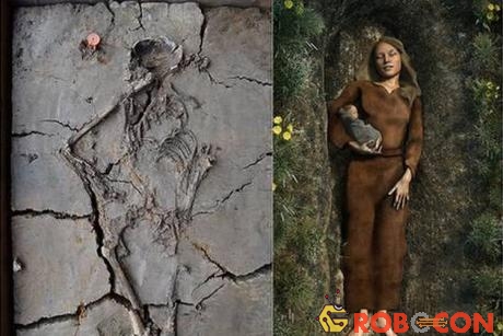 Bộ xương mẹ ôm con trong lớp đất sét và hình ảnh phục dựng của người phụ nữ cùng đứa trẻ khi chôn cất. 