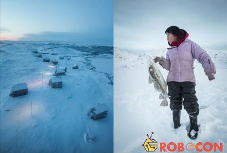 Một cô bé bắt được con cá lớn sau khi đục lỗ trên băng để bắt cá trong thời tiết lạnh giá.
