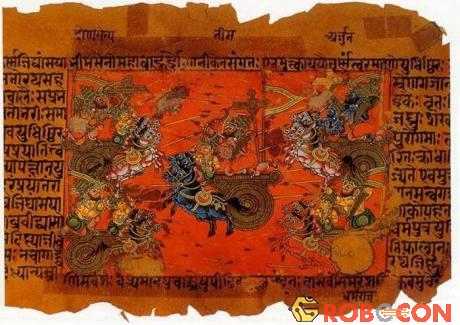 Bản thảo minh họa trận chiến trên không của Kurukshetra giữa Kauravas và Pandavas, ghi lại trong sử thi Mahabharata.