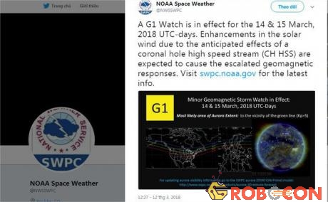 NOAA cảnh báo về cơn bão Mặt Trời trên Twitter. 