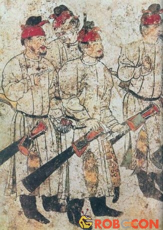 Hình tượng binh sĩ được khắc họa trên bức tranh tường bên trong ngôi mộ của Lý Hiện 