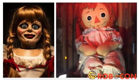 Búp bê Annabelle phiên bản phim (trái) và đời thực.