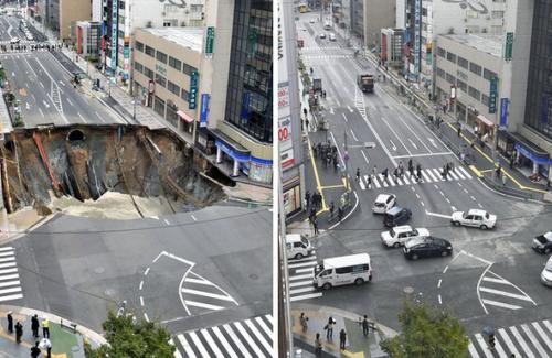Xuất hiện hố tử thần rộng 27m nuốt trọn năm làn đường ở Nhật Bản